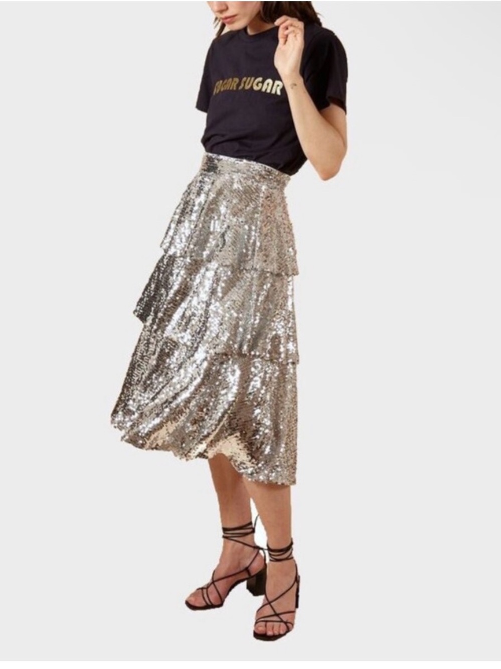 FRNCH Evaleen size medium NWTs midi silver tiered sequin skirt